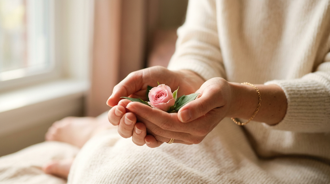 Photorealistic close-up of a young woman's hands cradling a small, soft object — a fo 640493