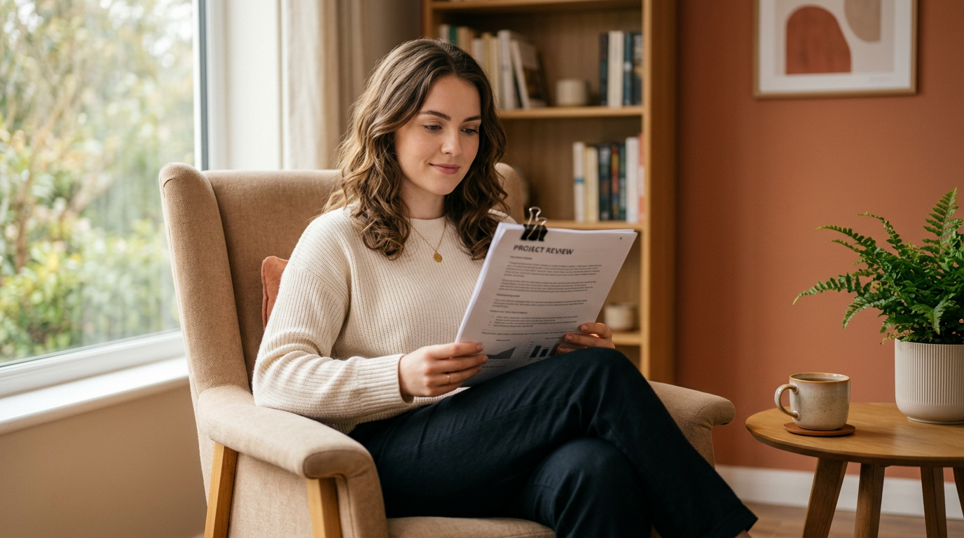 Photorealistic image of a woman in her early twenties sitting in a comfortable chair, 640493