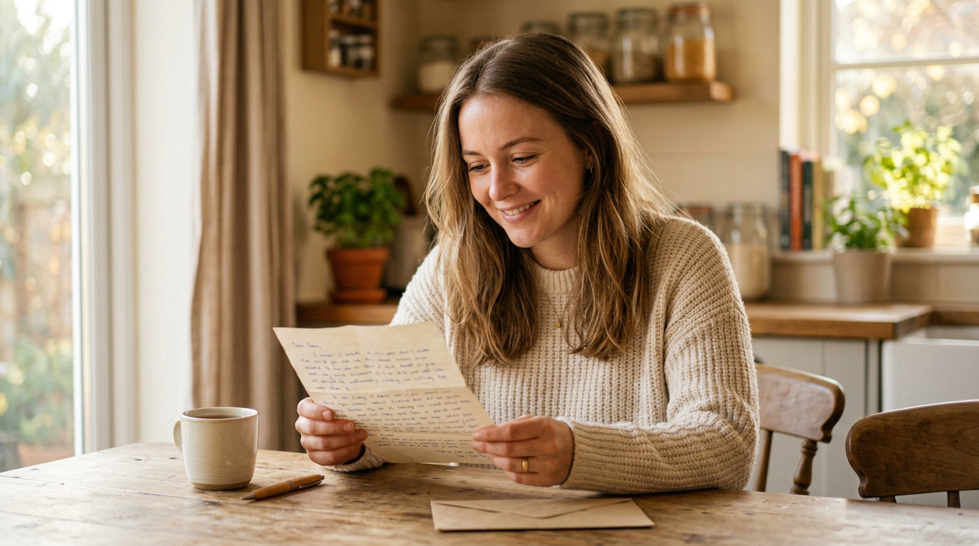 Photorealistic portrait of a young woman in her mid-twenties sitting at a kitchen tab 640493