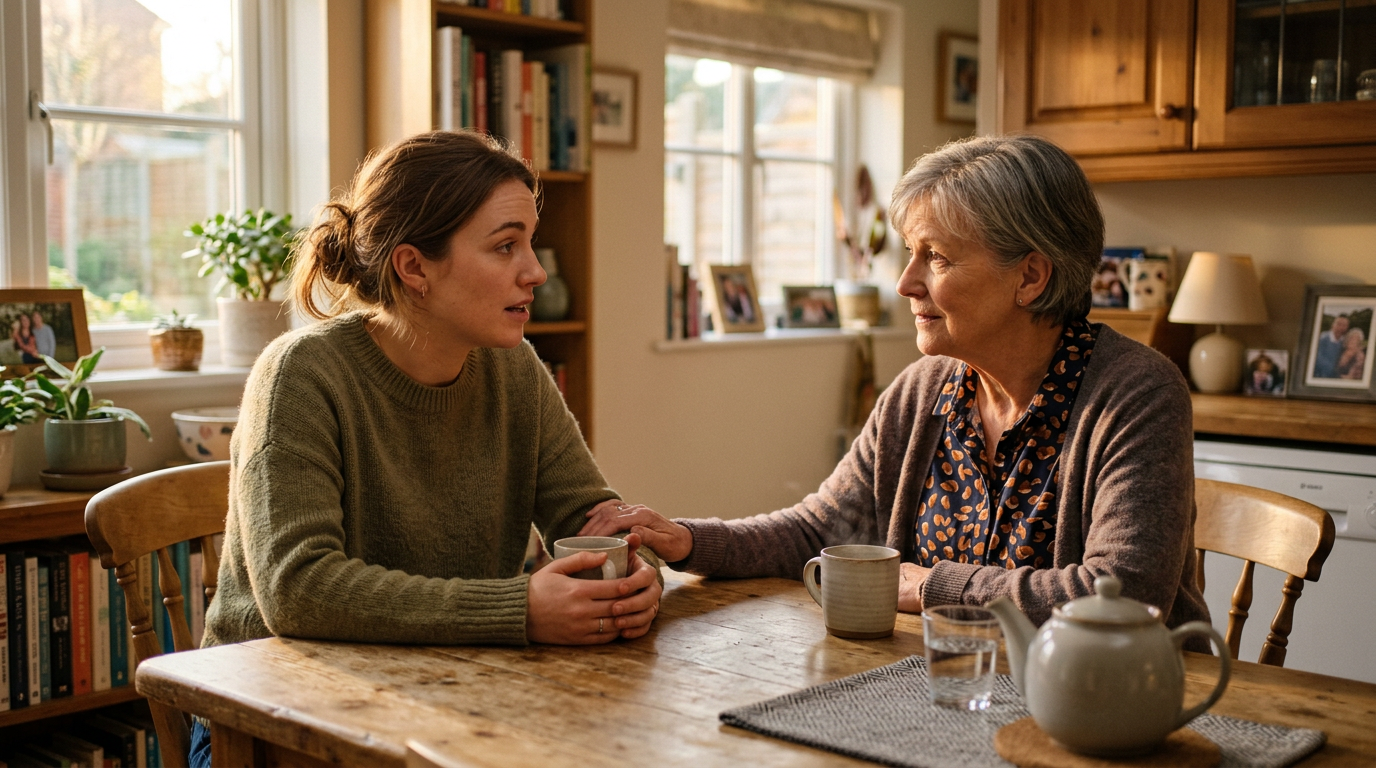 Photorealistic scene of a young woman sitting across from an older woman — suggested 640493 (1)