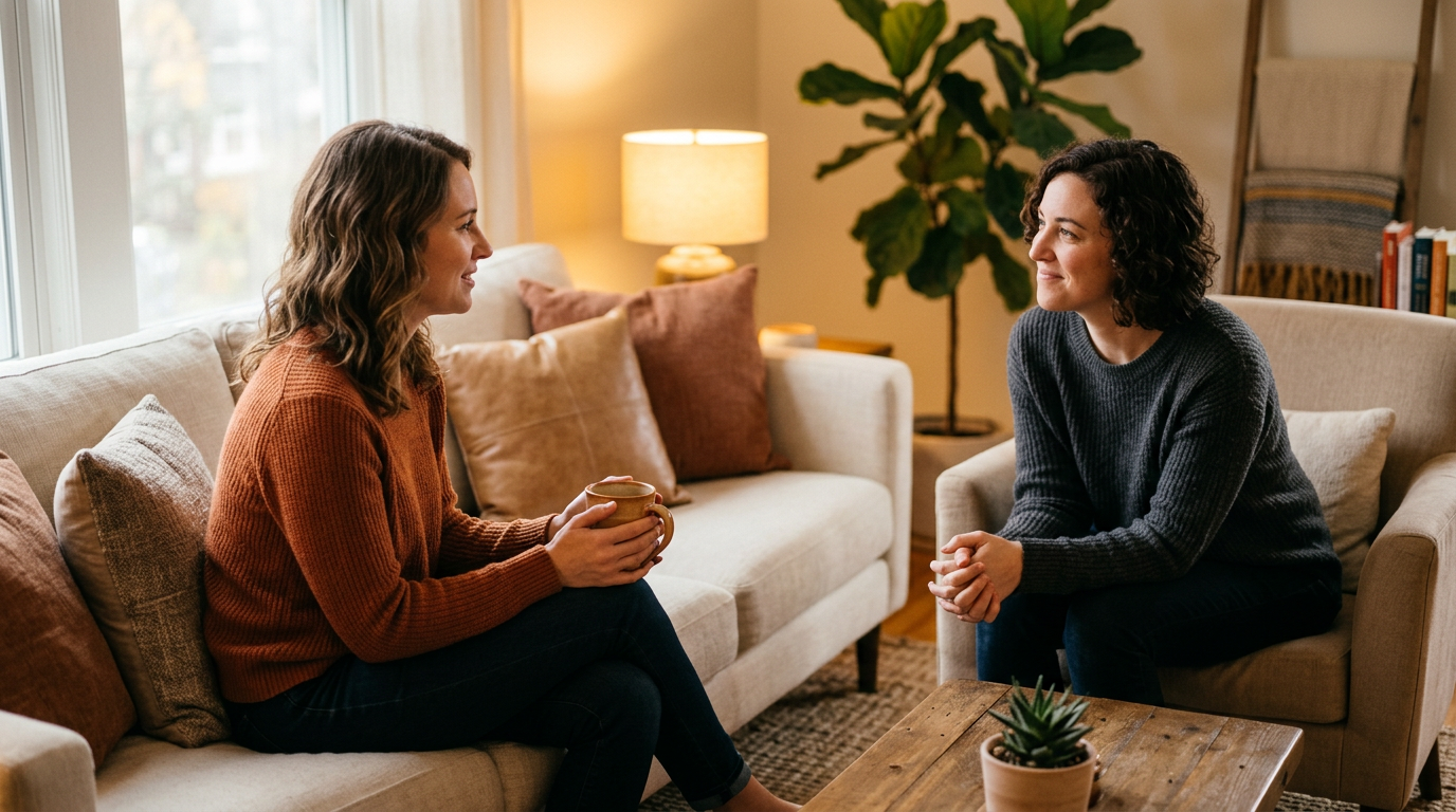 Photorealistic photograph of two women sitting across from each other in a warm, soft 91140