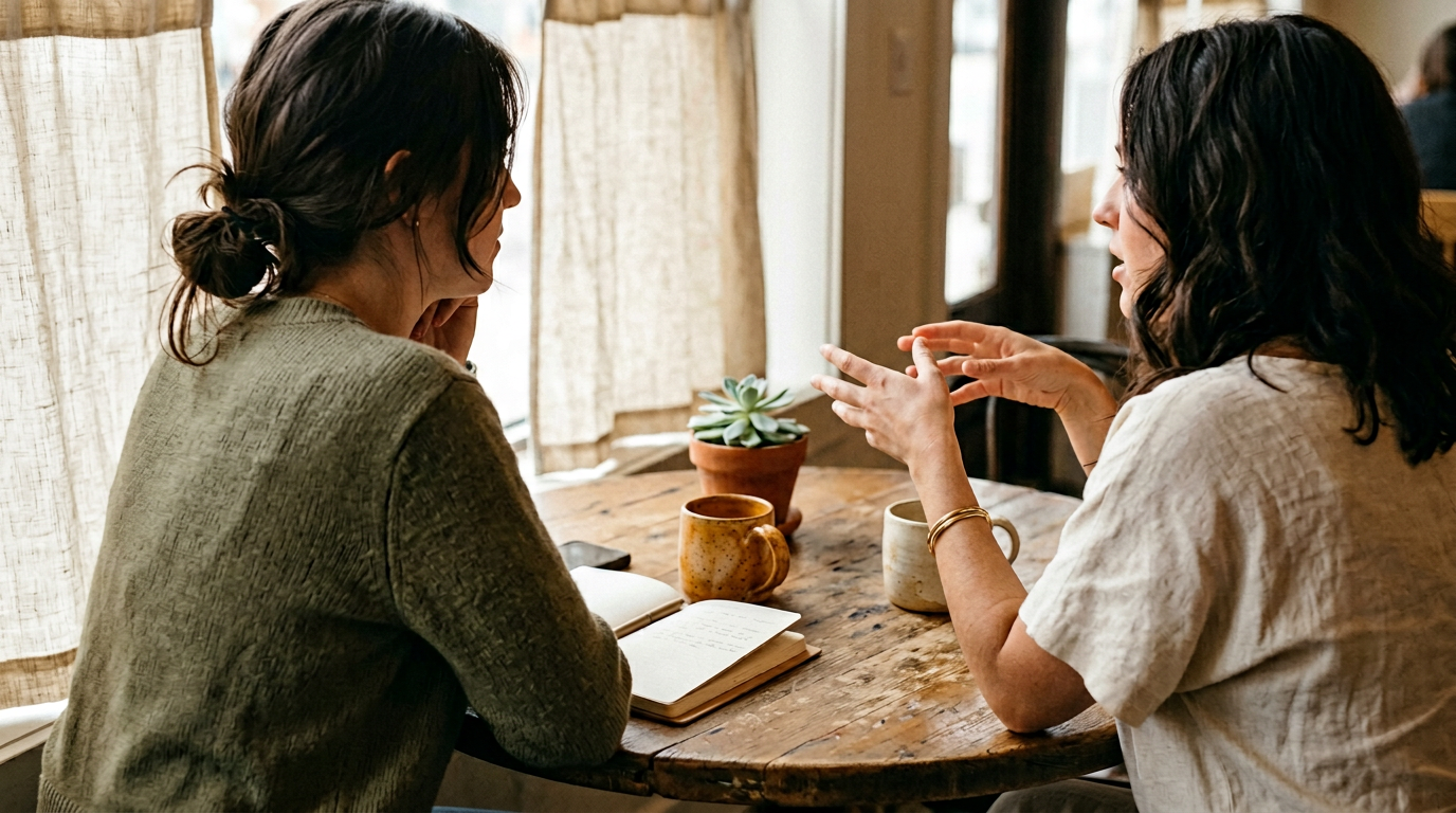 documentary photograph of two women sitting at a small table with cera 143800