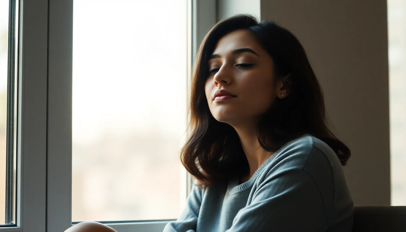 A young woman taking a quiet, calming moment by a window as she processes her feelings