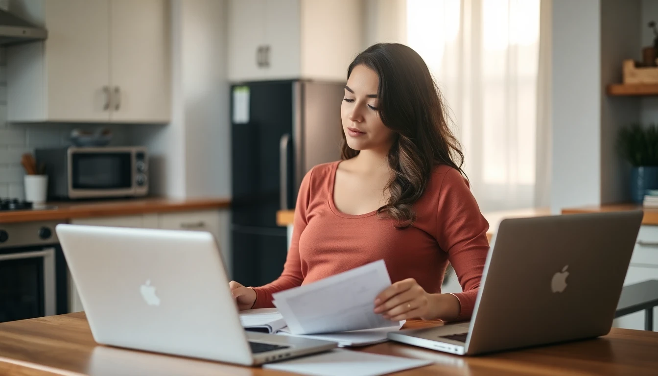 A pregnant woman looking calm and hopeful as she reviews financial resources at a kitchen table