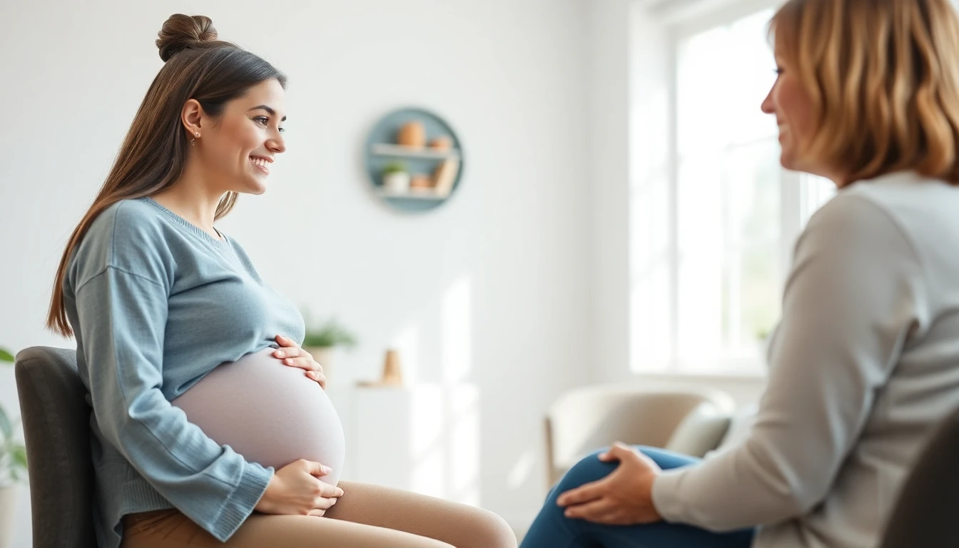 A pregnant woman talking with a supportive counselor about financial assistance options