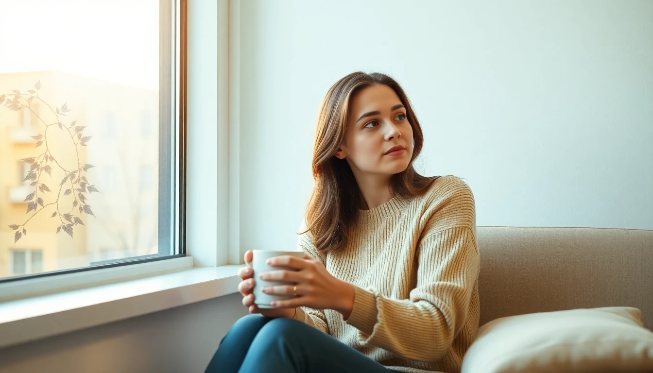 A birth mother thoughtfully considering her adoption options in a calm, sunlit room