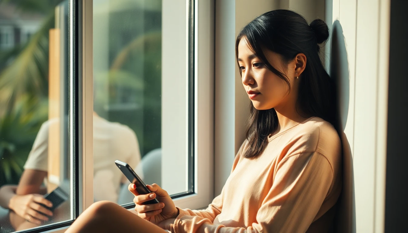 A young woman holding her phone, considering calling an adoption agency