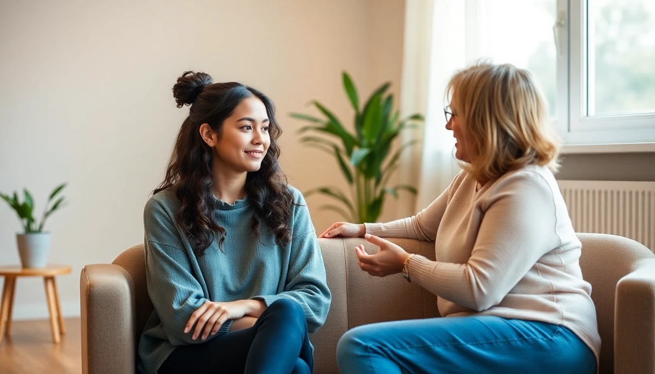 An expectant mother talking calmly with an adoption counselor about her options