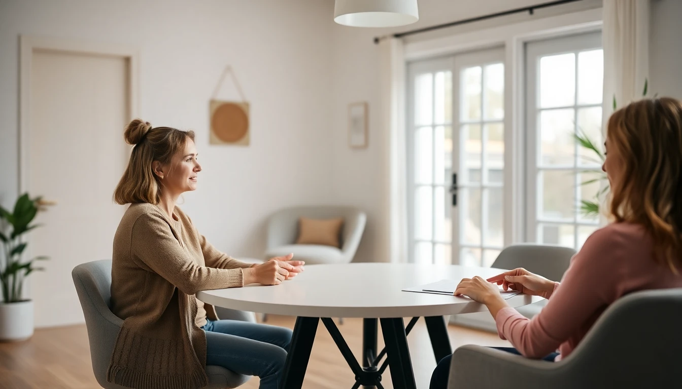 A woman talking with a counselor across a table in warm natural light