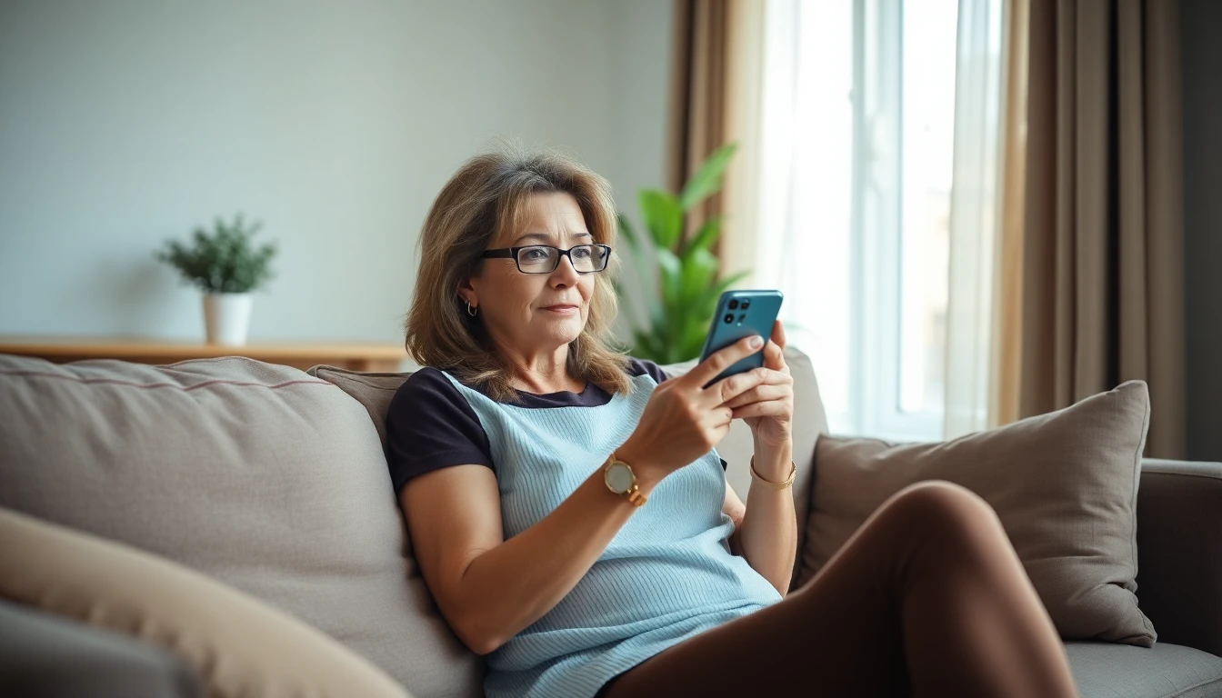 A woman sitting comfortably at home holding a phone in soft light