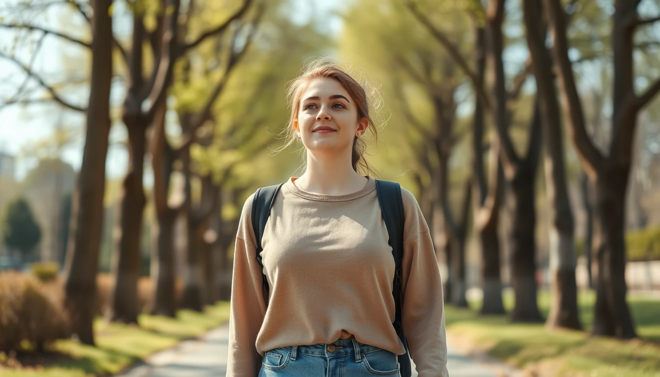 A young woman walking outdoors on a bright day, looking ahead