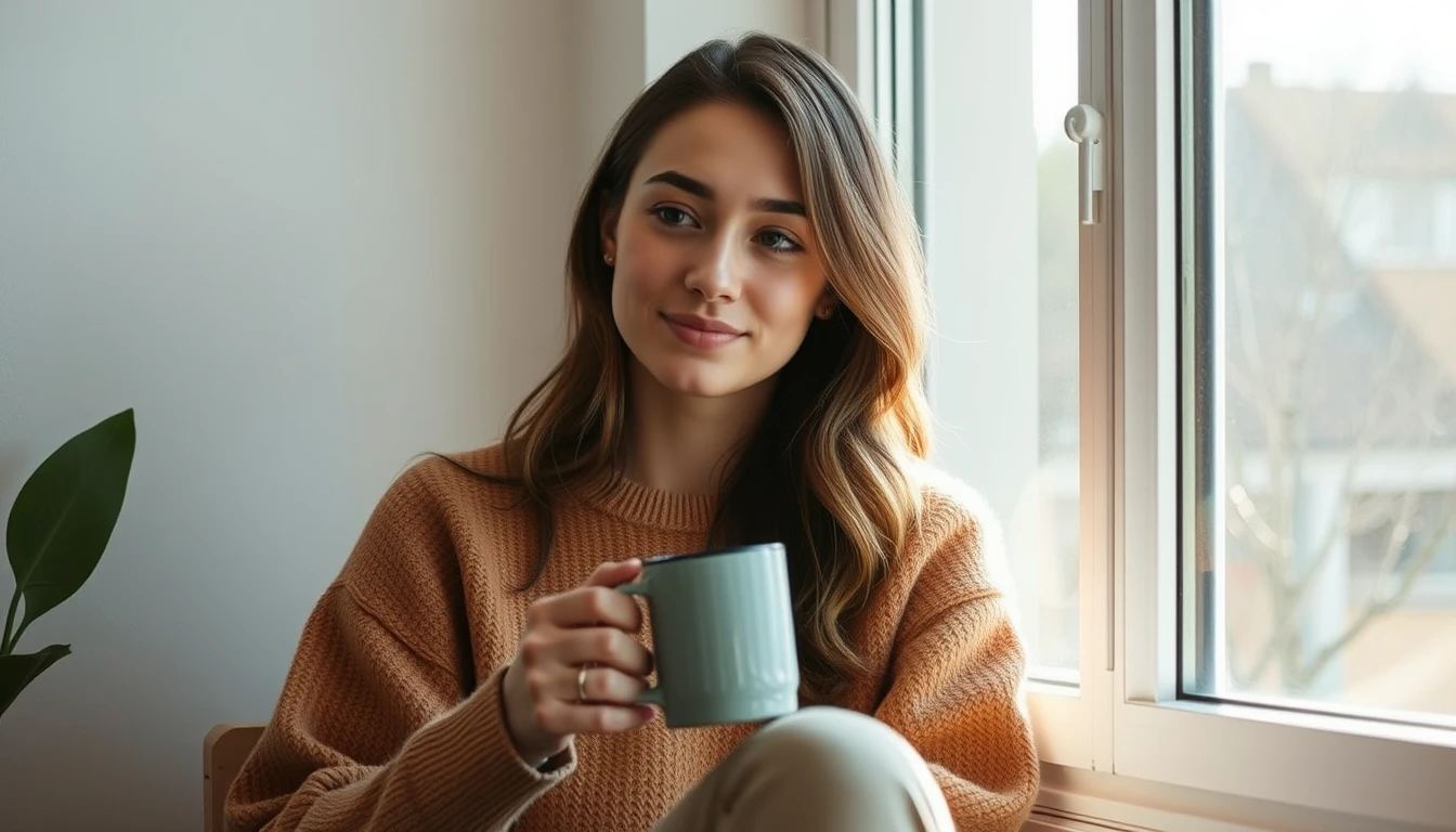 A young woman sitting calmly by a window with a warm cup of coffee, thoughtful and at peace