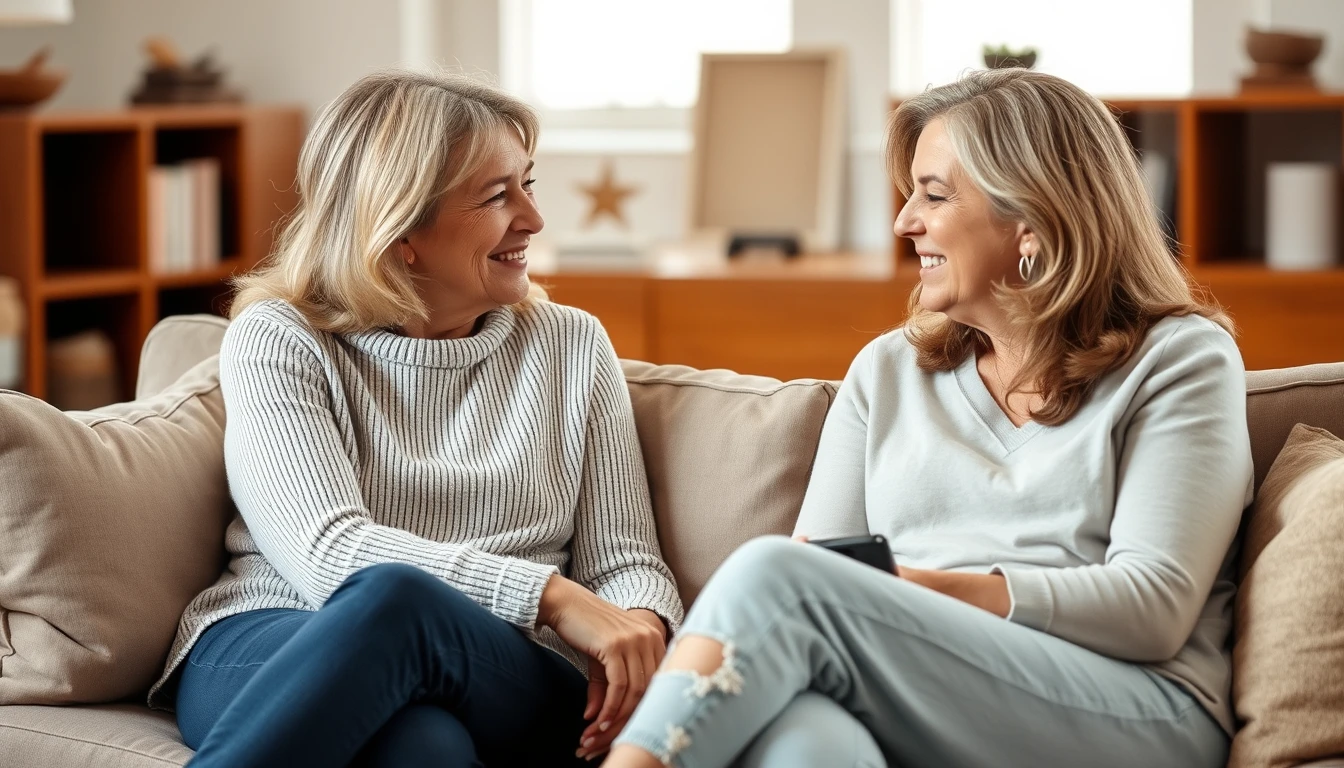 Two women talking together on a couch in a warm, comfortable room
