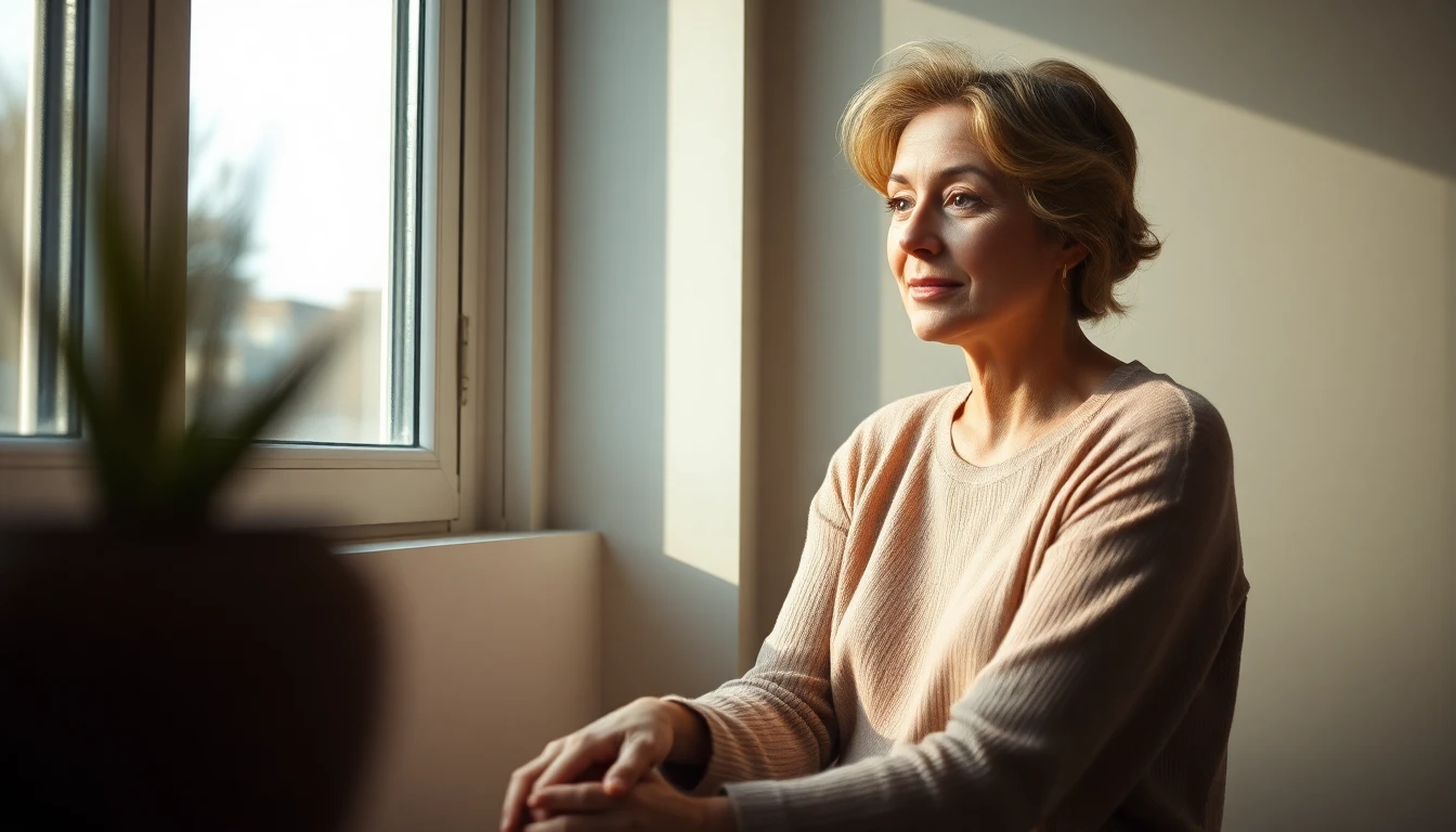 A woman sitting quietly by a window in soft morning light, reflective and calm