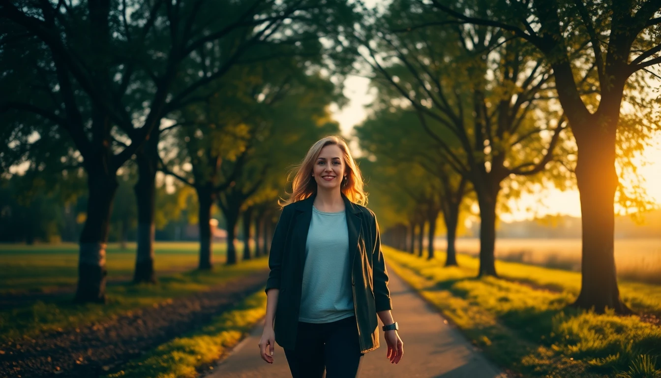 A woman walking outdoors on a quiet path in warm evening light