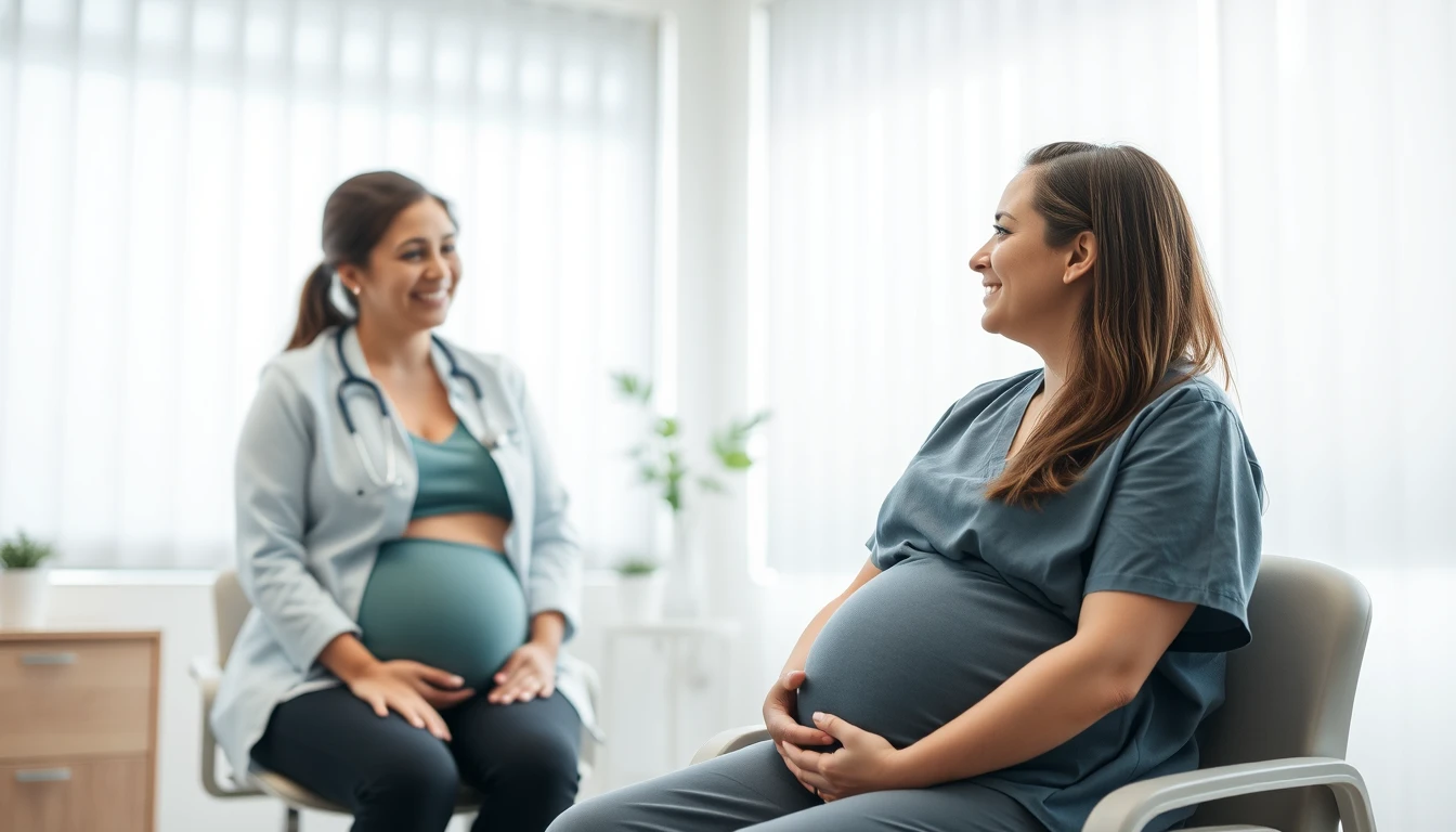 A pregnant woman meeting with a healthcare provider in a calm clinic room