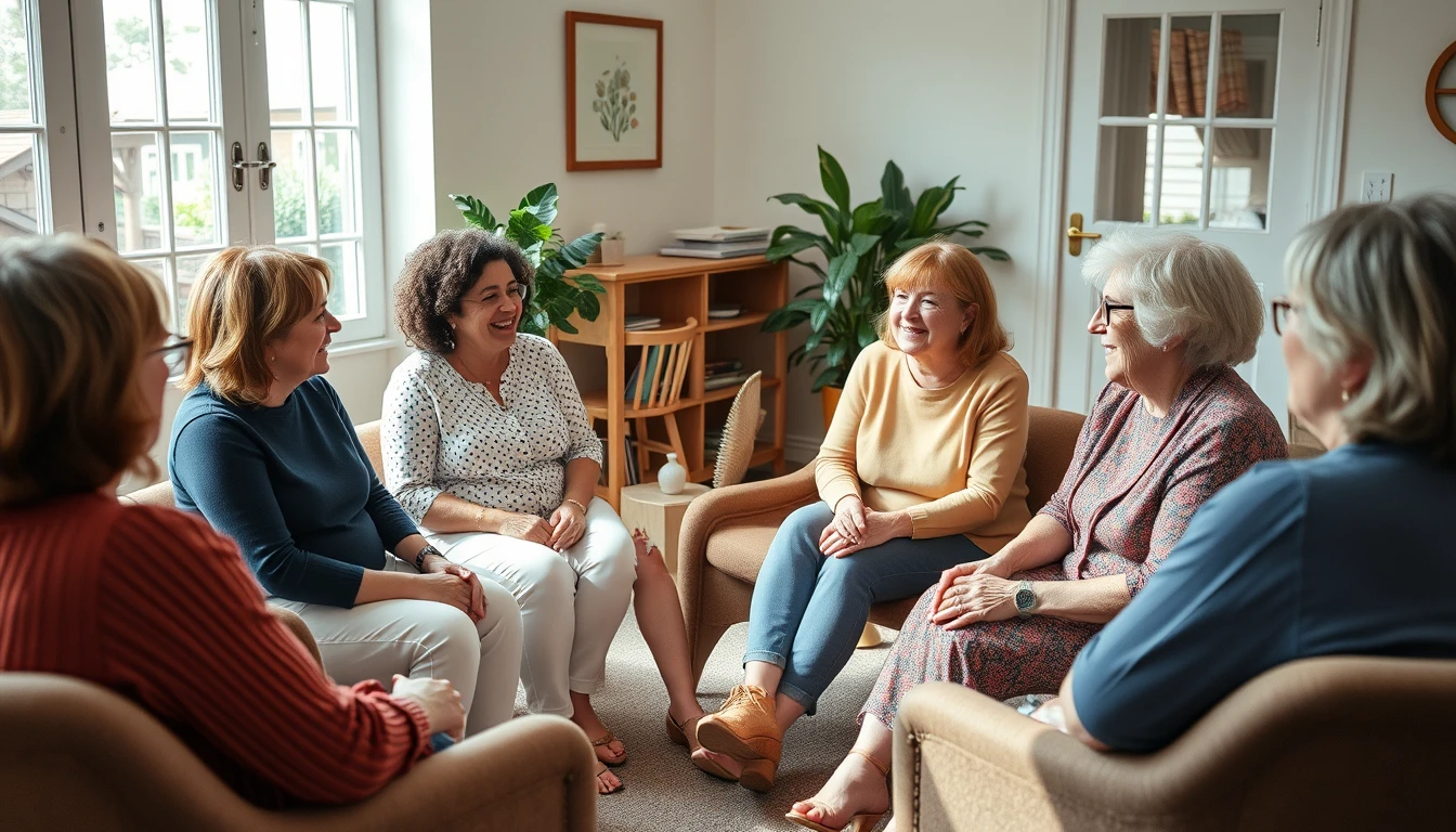 A small group of women talking together in a bright community room