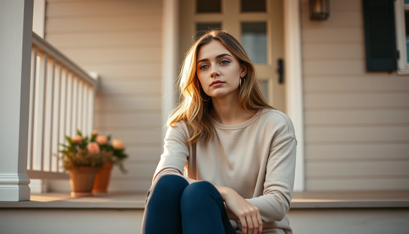 A young woman sitting on her front steps in morning light, calm and thoughtful