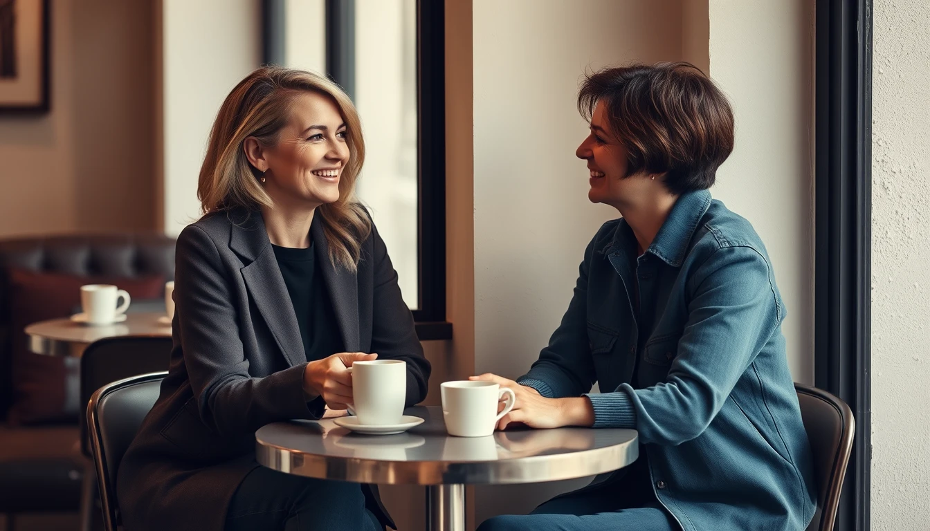 Two women having coffee together at a small table, talking easily