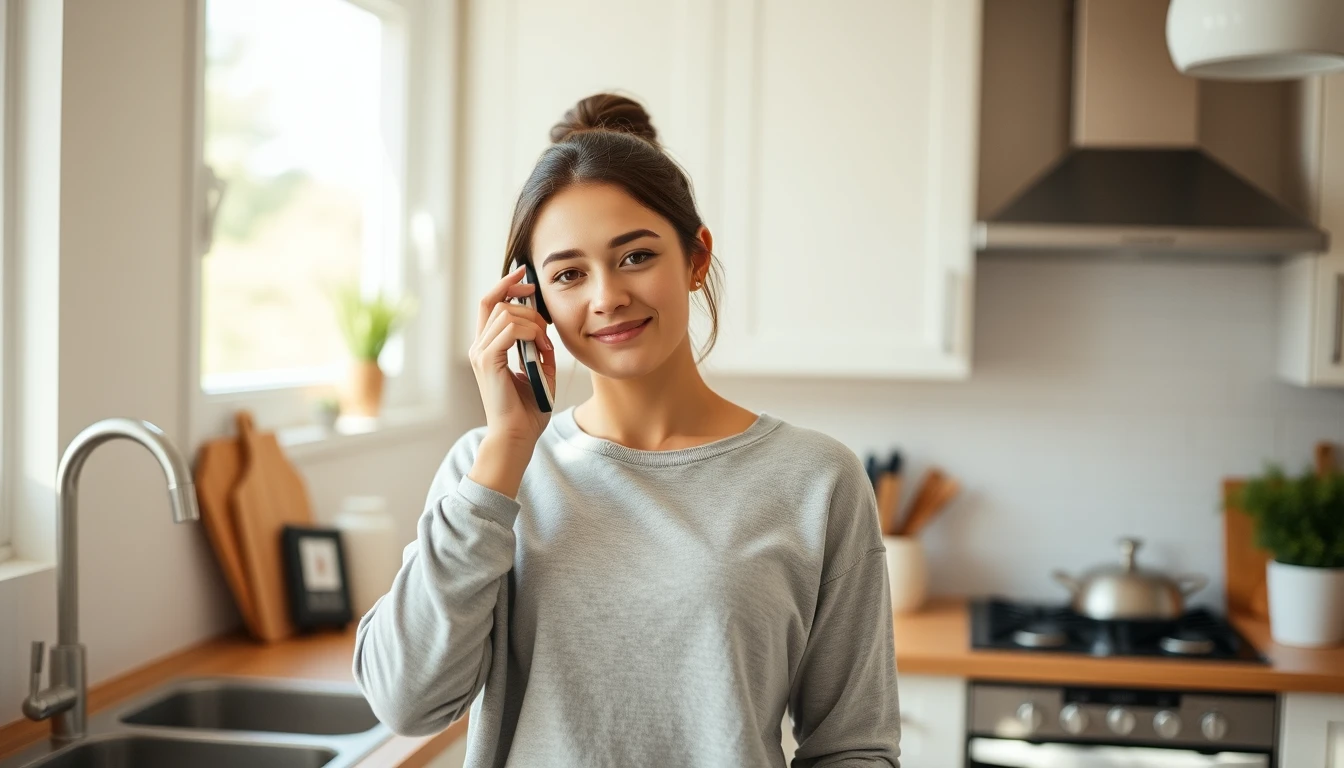 A woman taking a phone call in a bright kitchen, looking relieved