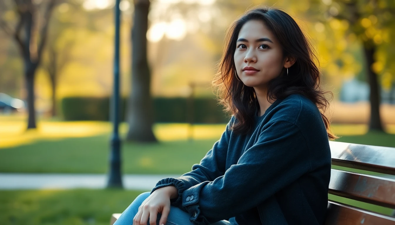 A young woman sitting outdoors in warm afternoon light, thoughtful and calm