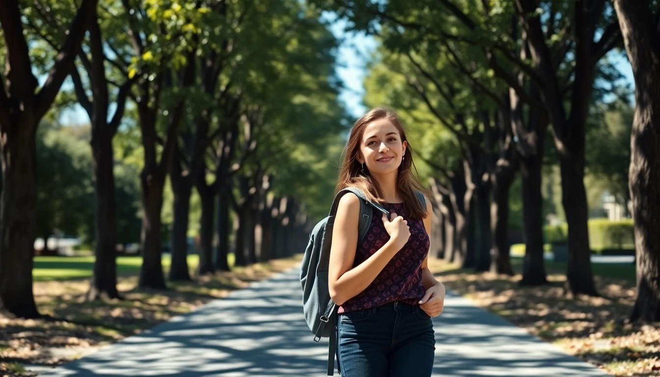A young woman walking outdoors with a backpack on a sunny path