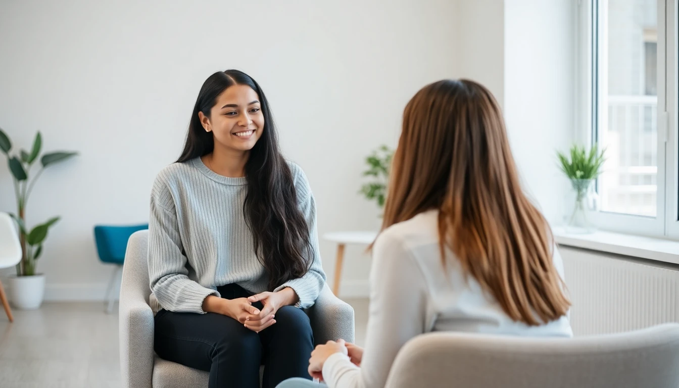 A young woman talking with a supportive counselor in a bright room