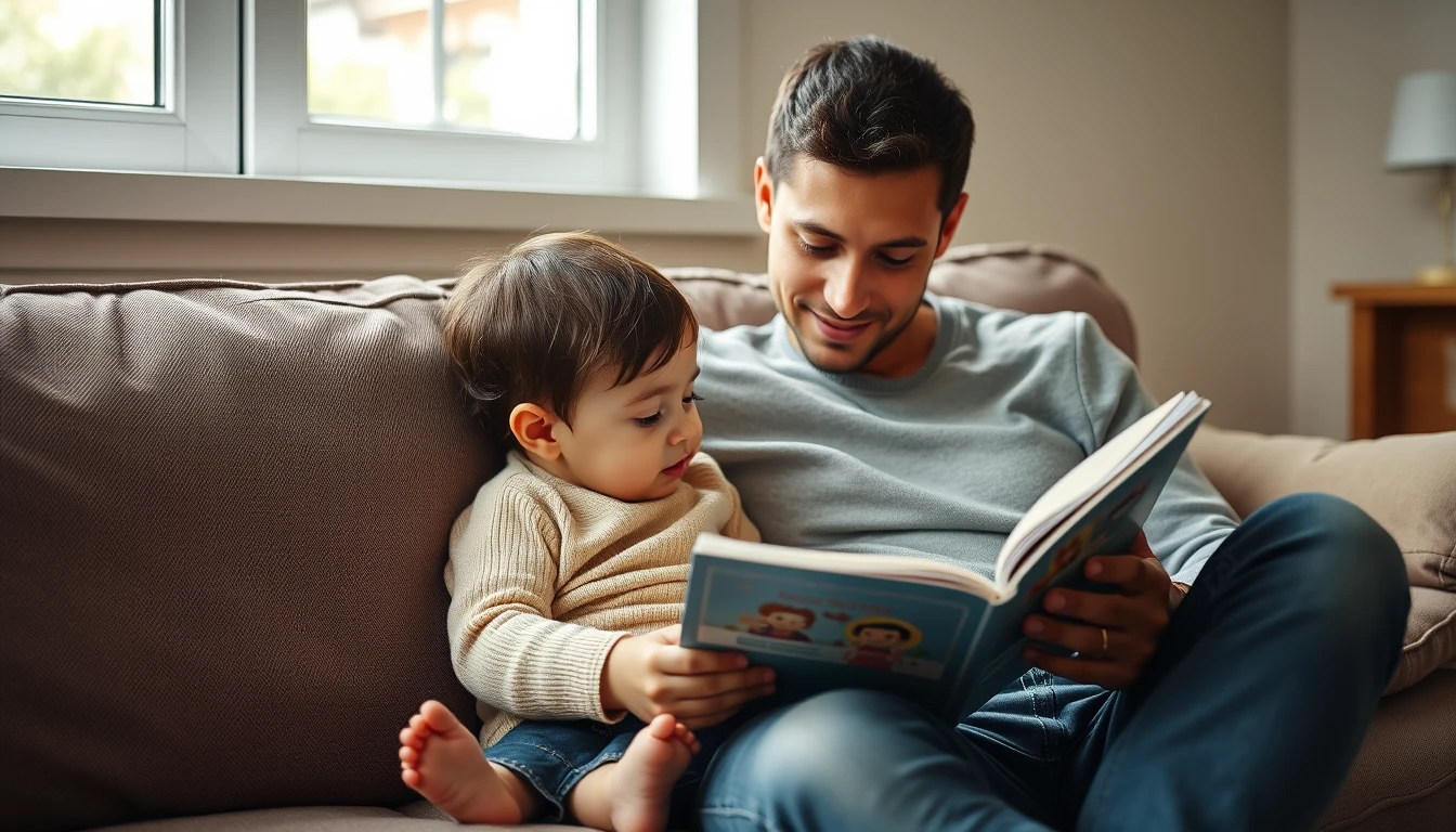 A parent reading a picture book with a young child on a couch