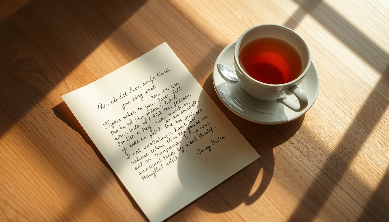 A handwritten letter and a cup of tea on a sunlit table