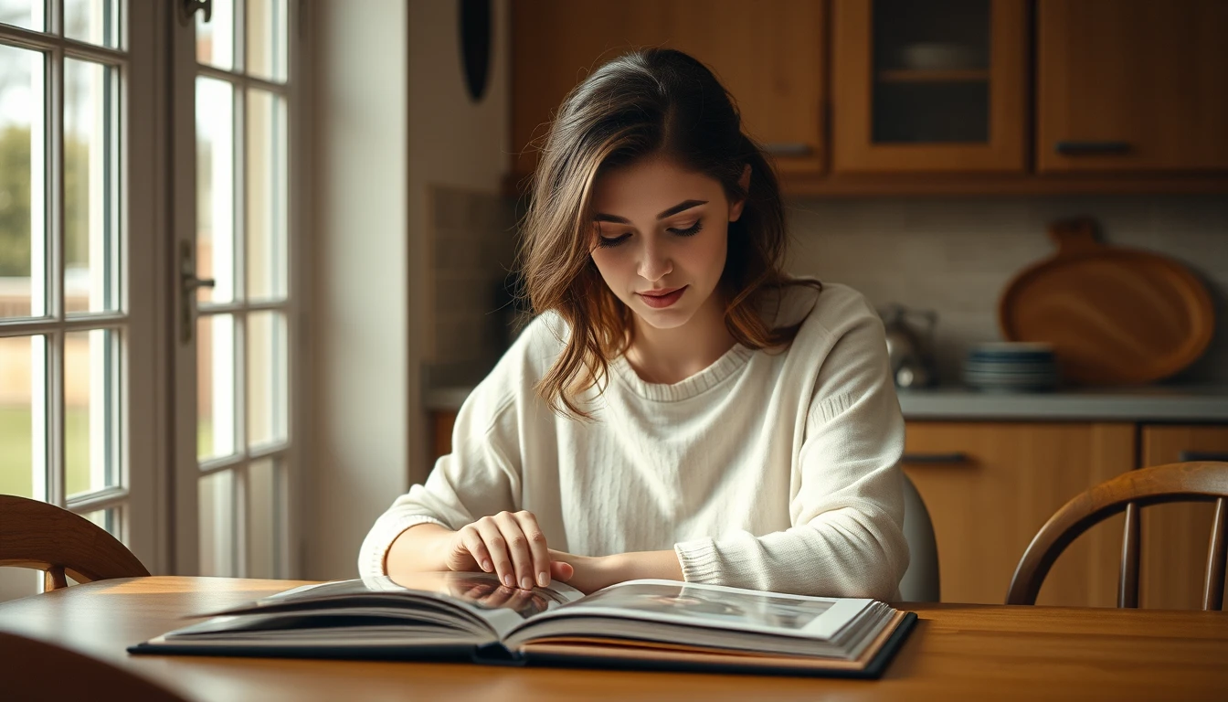 A young woman looking through a photo album at a kitchen table