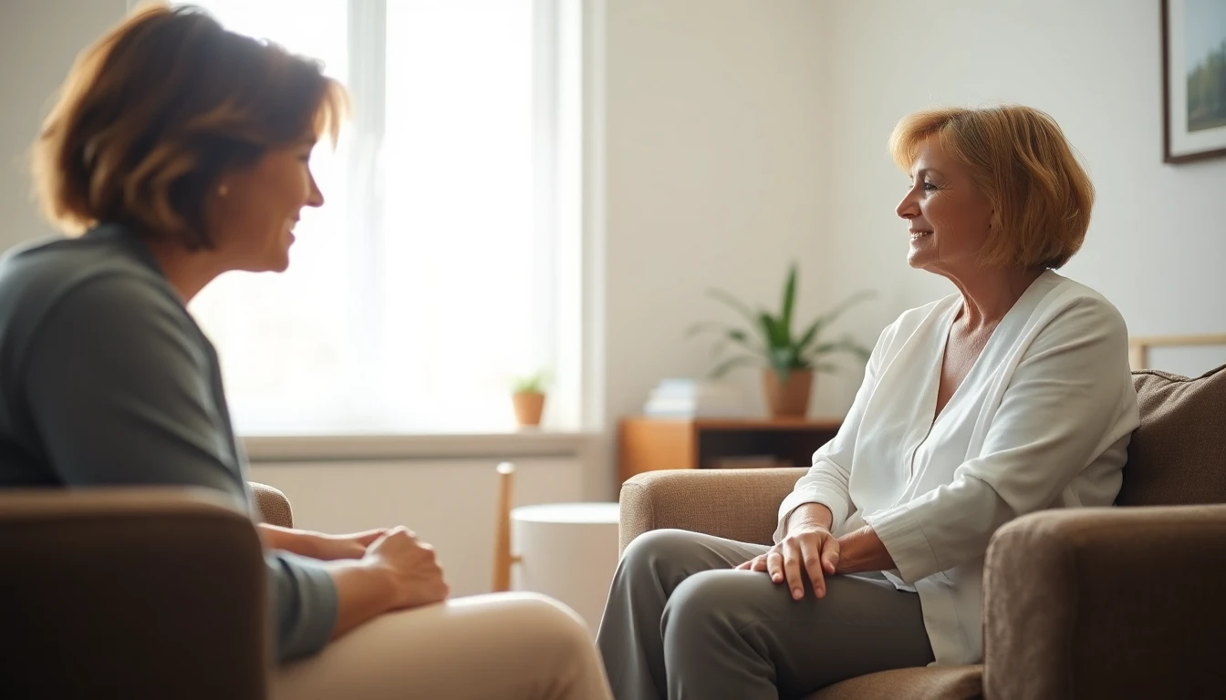 Two women talking warmly in a comfortable sitting room