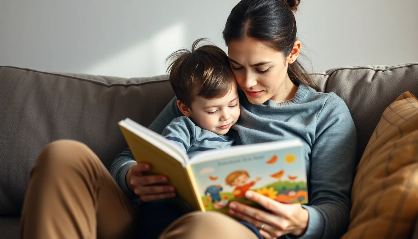 A parent reading with a young child on a sofa
