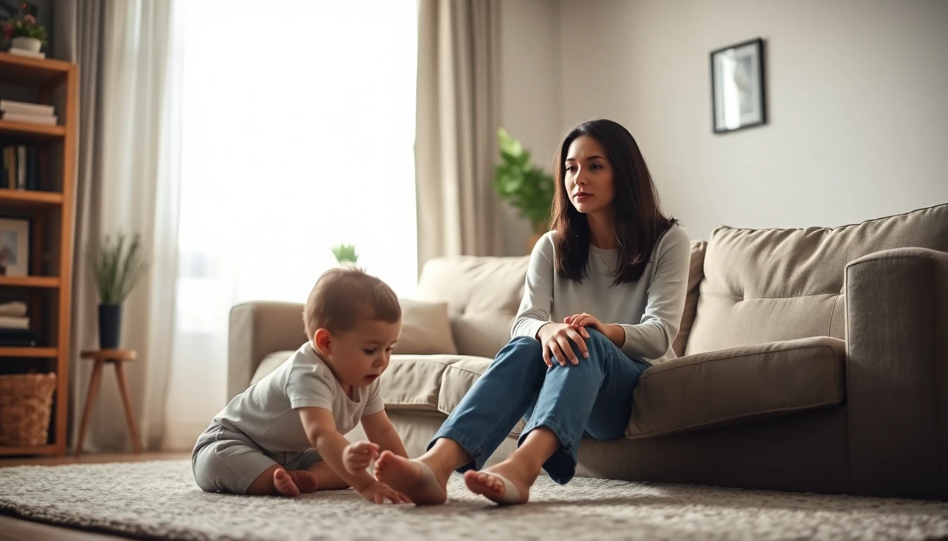 A mother sitting quietly on a couch while her child plays nearby