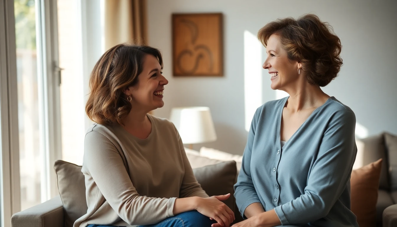 A woman talking with a counselor in a warm room