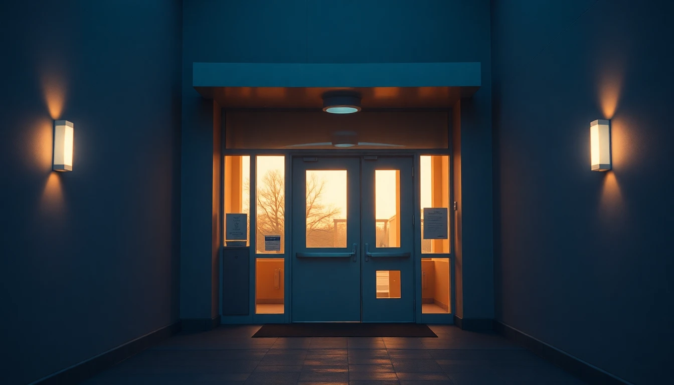A quiet hospital entrance at dusk, warm light from the doorway