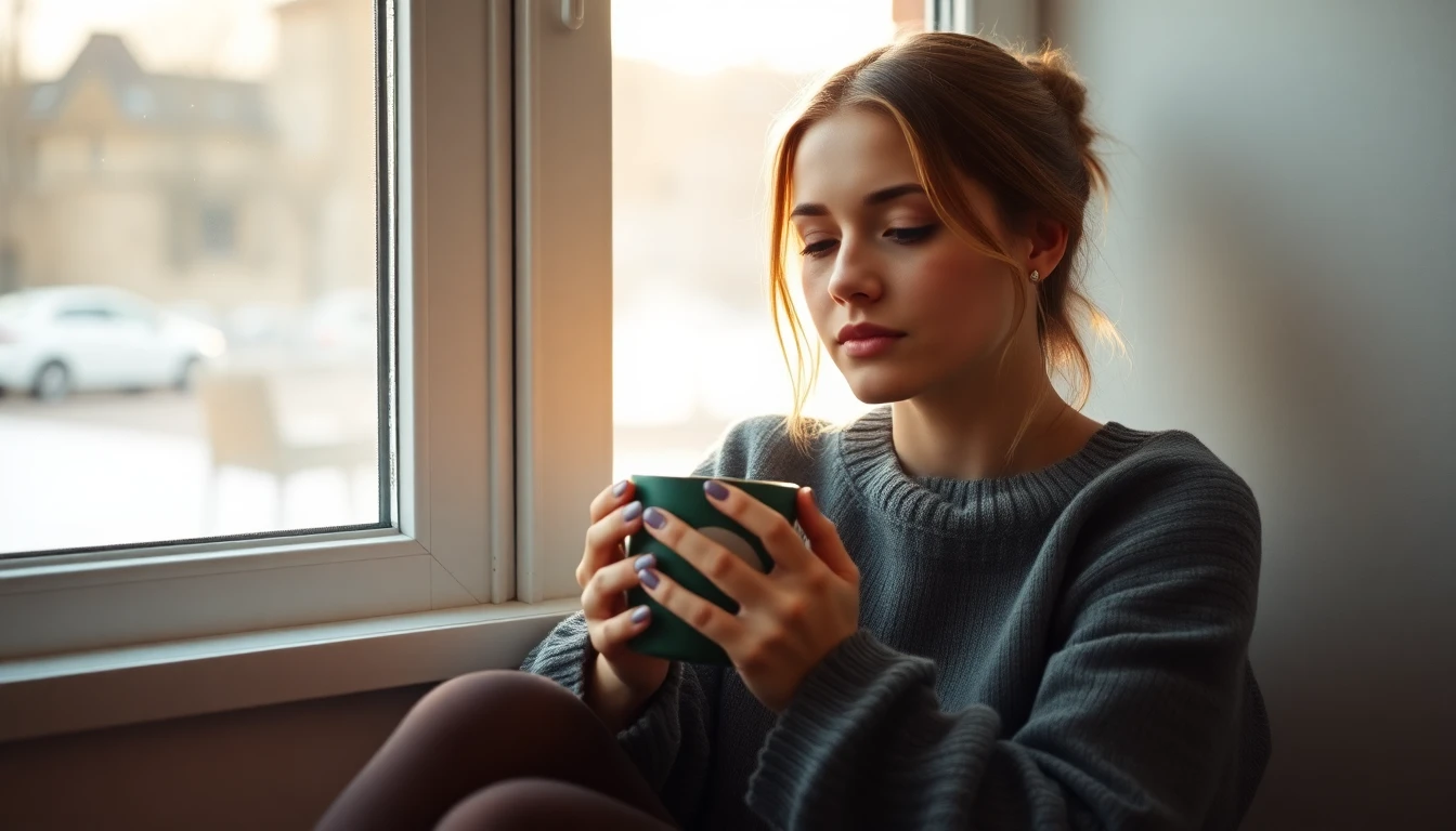 A woman sitting quietly by a window with a cup of tea, thinking