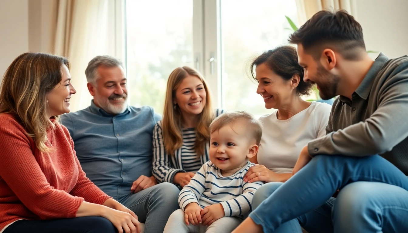 A warm family scene in a sunlit living room