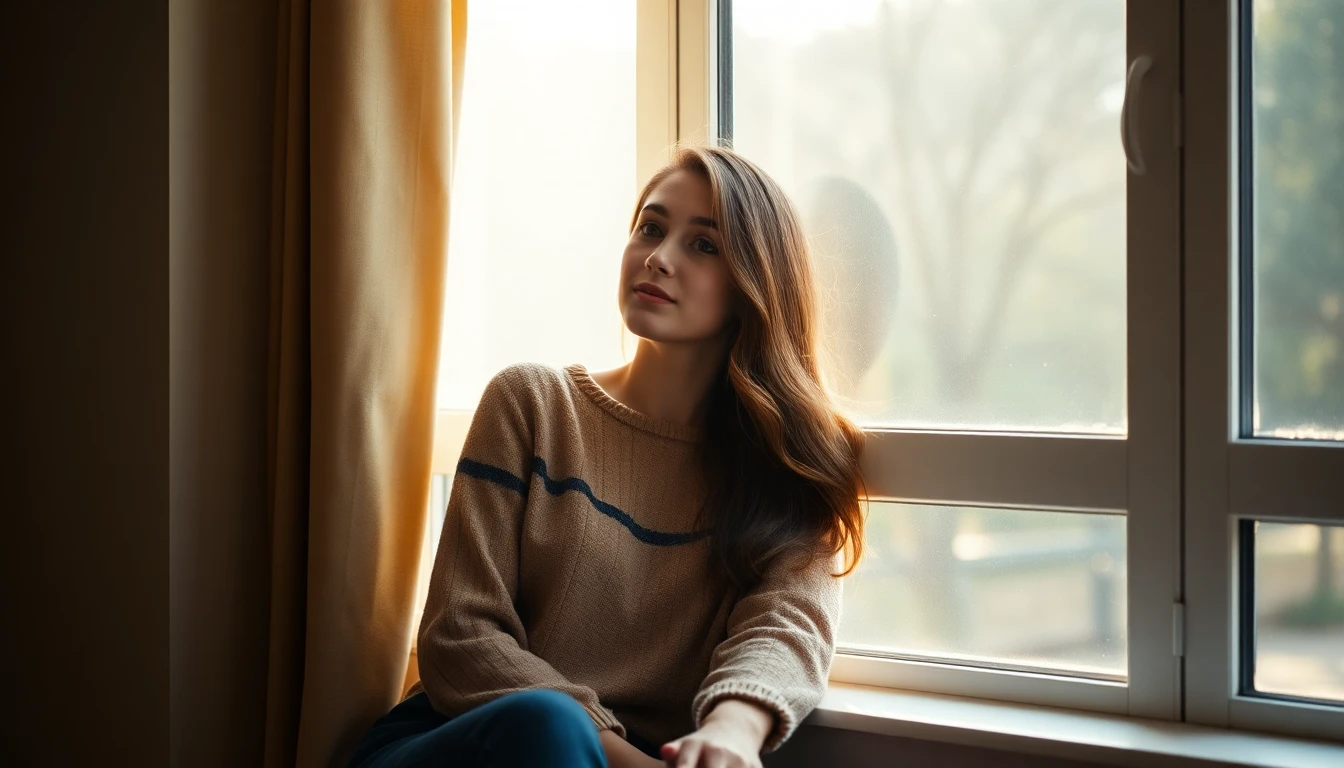 A young woman looking thoughtfully out of a window in soft morning light