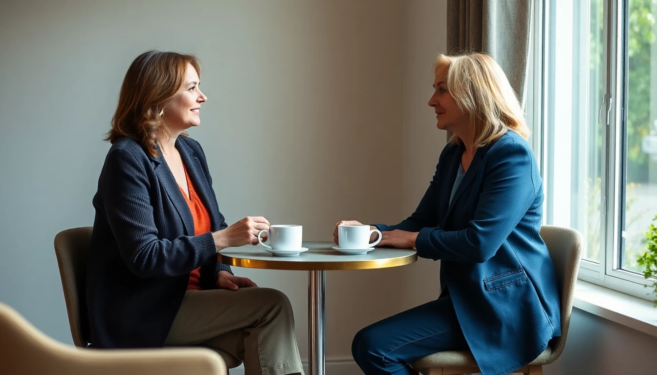 Two women in conversation across a table with coffee
